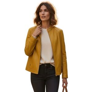 JESSICA LONDON Leather Jacket Colorful Mustard Yellow Full front Zip Size 16